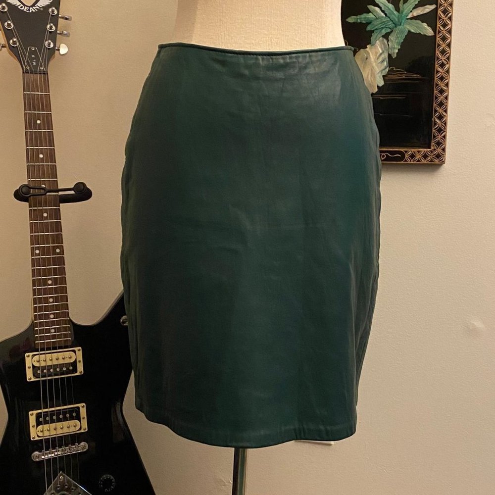 Vintage 80s Liz Roberts/Robert Elliot Henri Bendel Green Leather Miniskirt. XS.